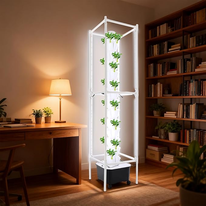 70-Pod Hydroponic Growing System with 8 Full-Spectrum LED Grow Lights 14-Tier Vertical Indoor Garden Tower Mobile Self-Watering Planter for Herbs Vegetables (White)
