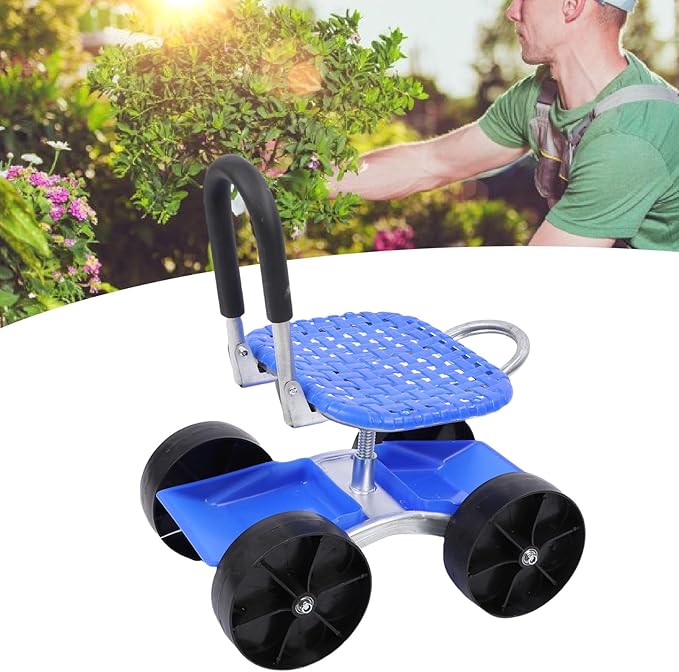 Garden Cart Rolling Work Seat with Wheels 360 Degree Rotatable Height Adjustable Ergonomic Backrest for Gardening Planting Digging Yard Lawn
