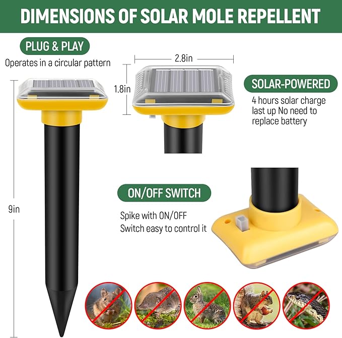 Mole Repellent Solar Powered2026 Upgraded Vole Repellent Ultrasonic Solar PoweredMole Repeller Outdoor for Lawns Garden YardGopher Trap Killer for GopherSquirrel(Yellow4 Pack)
