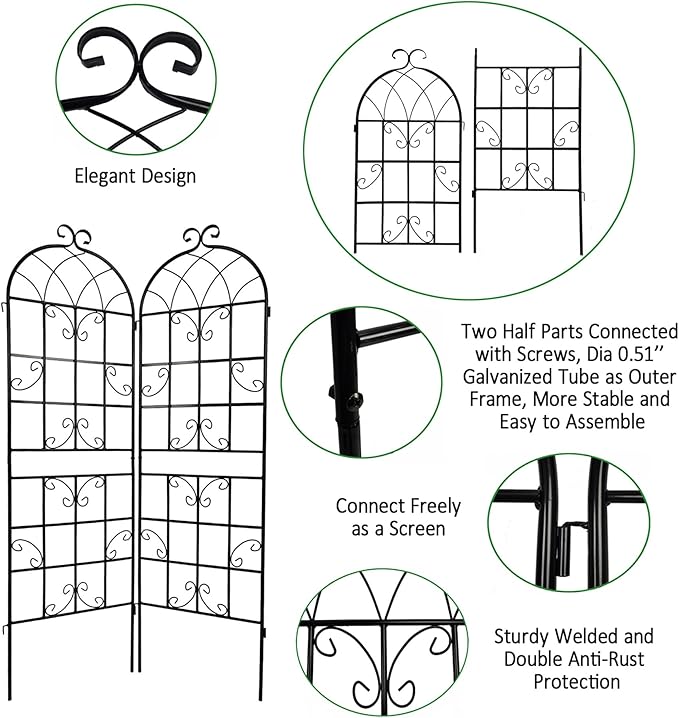 4 Pack Metal Garden Trellis 71x19.7 - Rustproof Climbing Plants Outdoor Flower Support - Easy Assemble Black Iron Trellises - Versatile Plant Support for Roses Black