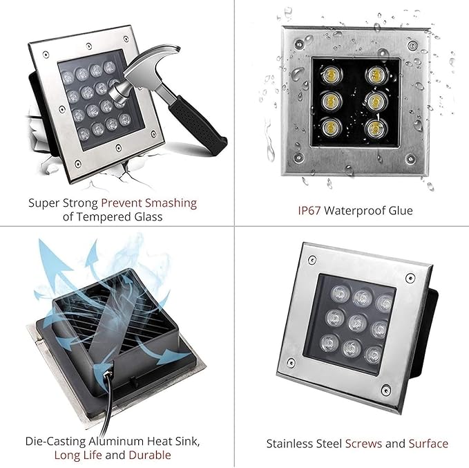 Outdoor LED Landscape Lamp Recessed Buried Lights IP67 Waterproof Square Garden LED Spotlight 12V Low Pressure Stainless Steel LED Well Light For Lawn Deck Driveway Villa Illuminate(Warm white24