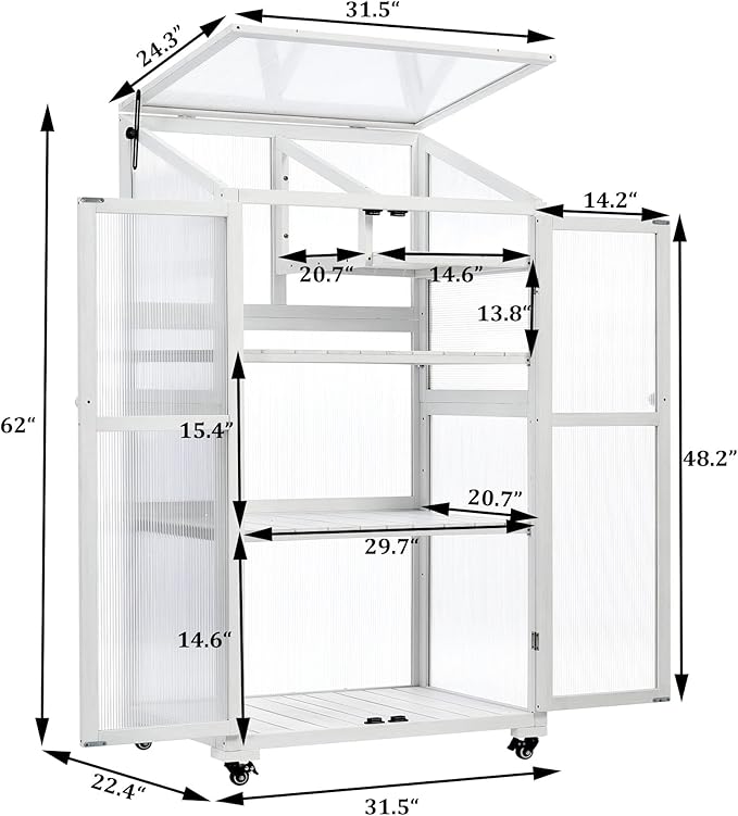 62 Height Wood Large GreenhouseBalcony Portable Cold Frame with Wheels and Adjustable ShelvesGreenhouse for Outdoor Indoor Use
