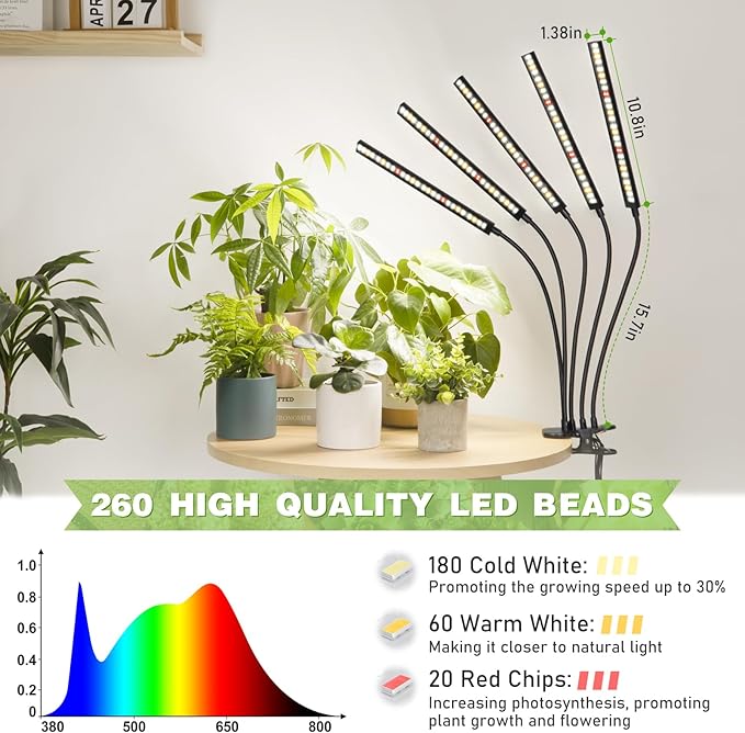FOXGARDEN Grow Lights for Indoor Plants Full Spectrum Plant Lights for Indoor Growing with Timer 4/8/12 H Five-Head 260 LED Clip Grow Lamp with Gooseneck 4 Brightness Levels for Plant Growing