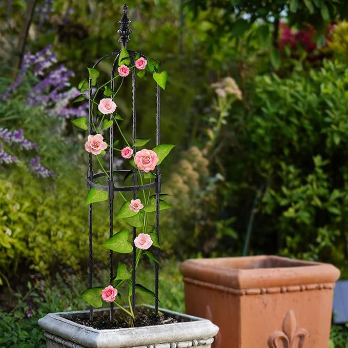 Garden Obelisk Trellis for Climbing Plants 2FT/3FT/4FT/5FT Rose Bush Round Trellis for Pots Rustproof Metal Plant Flower Trellises Thickened Tube Plant Tower Trellis for Clematis Vine Support Outdoor