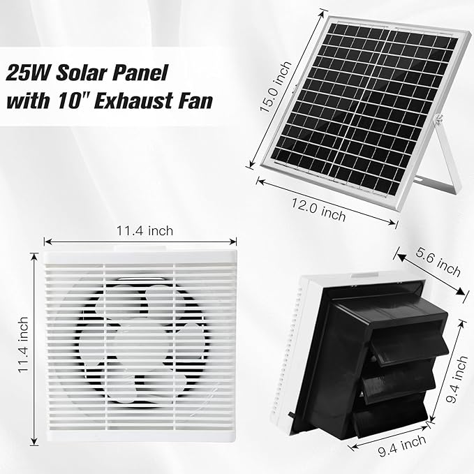 Solar Powered Exhaust Fan 25W Solar Panel +10 Shutter Ventilation Vent Fan for Outside Greenhouse Chicken Coop Shed Pet House