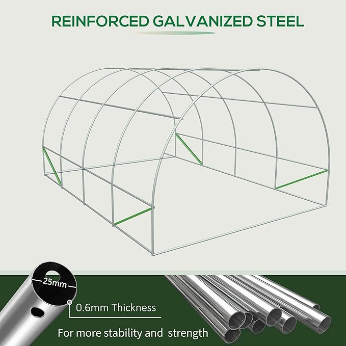 Outsunny 20' x 10' x 7' Tunnel Greenhouse Large Walk-in Warm House Deluxe High GardenHot House with 8 Roll Up Windows &amp Roll Up Door Steel Frame White