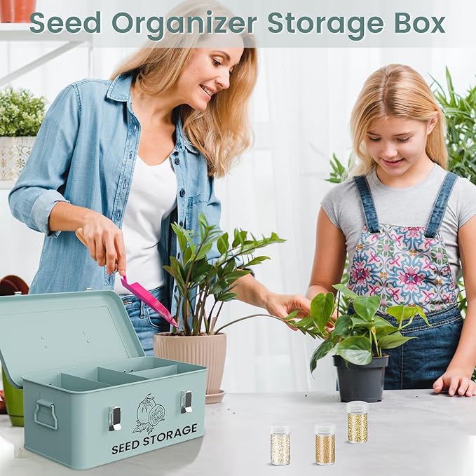 Seed Storage Organizer Box Metal Seed Box Garden Seed Organizer with Lid Seed Containers Storage with 4 Compartments 30 Seed Holder Organizers 100pcs Seed Envelopes (Blue)