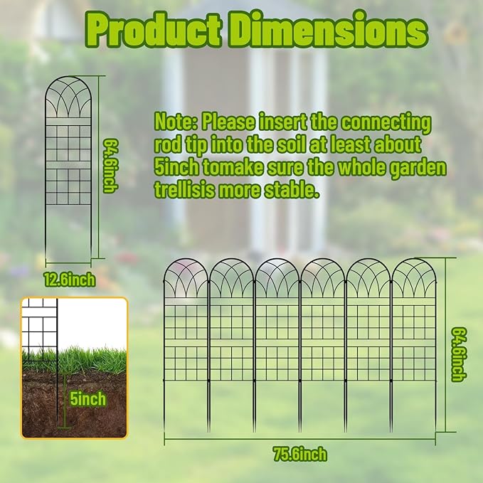 Garden Trellis for Climbing Plants 6 Pack 75.6 Wx 64.6 H Rustproof Flower Trellis with Black Coating Outdoor Climbing Rose Trellis Cucumbers Support for Courtyards Lawns (Square Grid 6 Pieces)