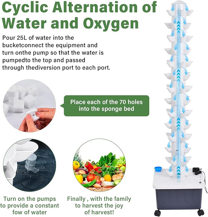 Hydroponic Tower Growing System 14 Layer 70 Pods Hydroponic Grow Tower Kit with Water Pump and Movable Water Tank Modulars Indoor/Outdoor for Vegetable Strawberries Lettuce