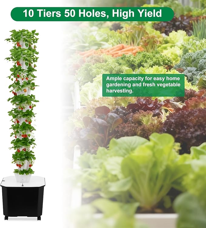 Hydroponic Grow System 10 Tiers 50 Holes Mobile Hydroponic Growing Kit with Water Pump &amp Timer Indoor Outdoor Vertical Garden Kit for Leafy Vegetables Strawberries on Balcony Home Office Whi