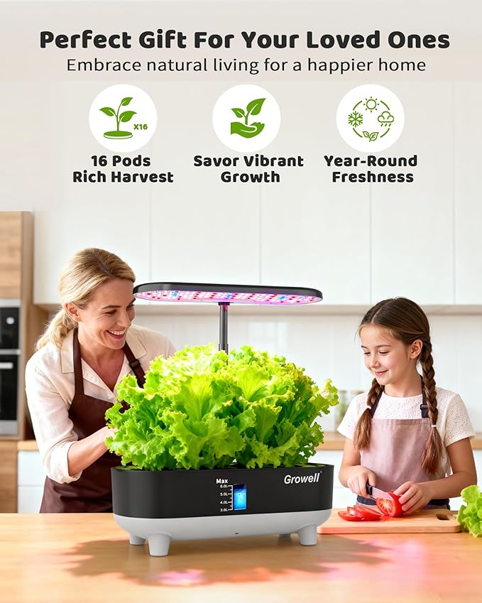 Hydroponics Growing System Kit 16 Pods Vertical 8L Indoor Gardening System for Herb Vegetable Fruit with LED Grow Light Smart Water Circulation 3 Light Modes &amp 2 Timer Black