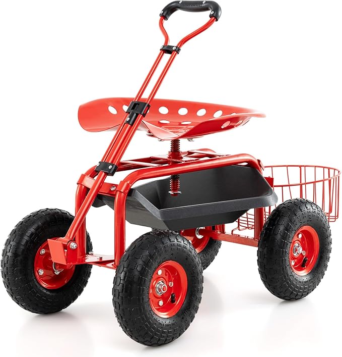 Garden Seat with Wheels Rolling Stool with Extendable Handle Storage Basket &amp Tool Tray Garden Scooter with 360 Degree Swivel Seat for Outdoor &amp Yard (Red)