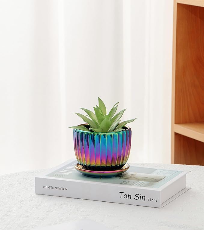 Ton Sin Flower Pots Purple Ceramic Plant Pots Set of 3Small Glazed Succulent Pots with Drainage HoleCactus Planter with SaucerOutdoor Garden Pots (Colorful Gold)