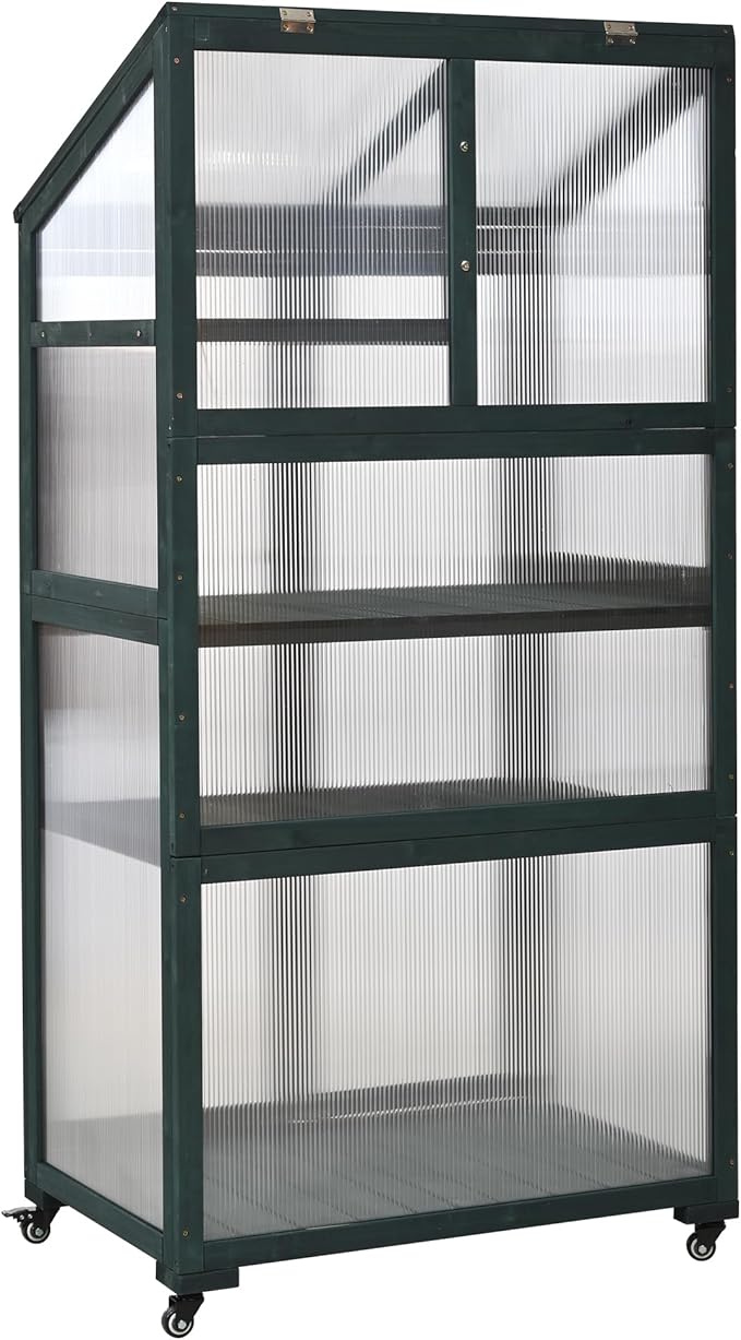 62inch Height Wood Large Greenhouse Balcony Portable Cold Frame with Wheels and Adjustable Shelves for Outdoor Indoor Backyard Mudroom