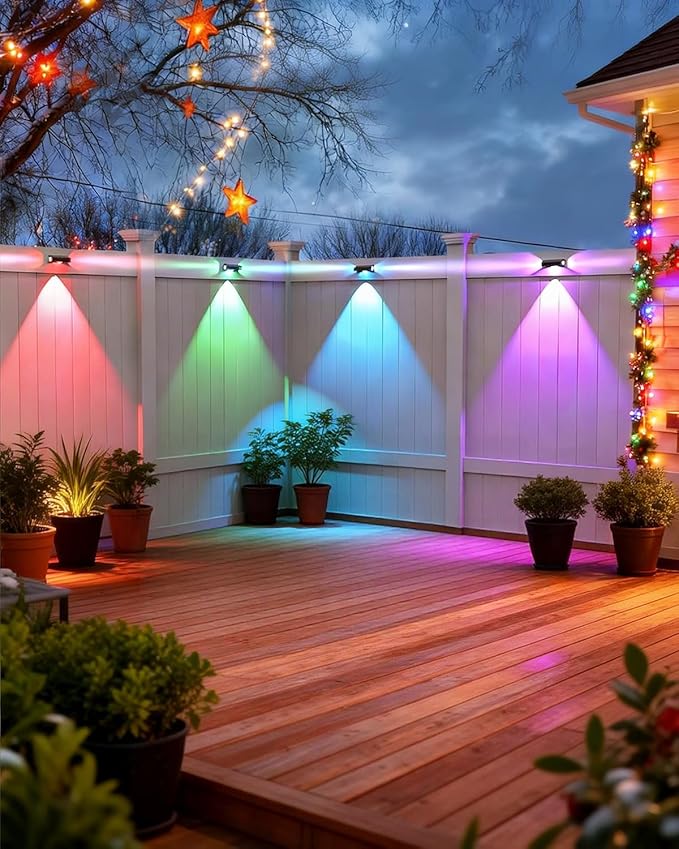 Solar Fence Lights Outdoor 8 Pack 12 Mode RGB Color Changing &amp Warm/Cool White Waterproof IP65 3-LED Dusk to Dawn Fence Lights Solar Powered for Wall Railing Patio Step Backyard Outside