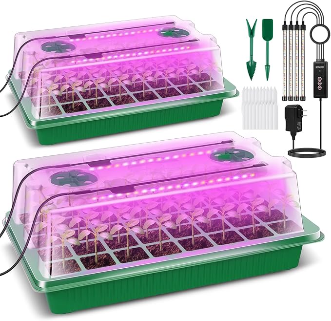 Verdenu Seed Starter Tray with Grow Light 2 Pack 80 Cells Seed Starter Kit with Humidity Dome Adjustable Brightness Seed Tray with Smart Timer 3 Modes 4 Timing Germination Kit for Indoor