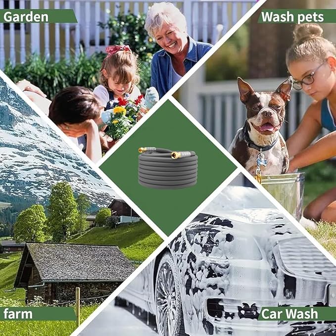 Heavy Duty Premium Garden Hose 90ft x 5/8 300PSI Working 1000PSI Burst Hybrid Rubber Water Hose with Transparent Swivel Handle - Hot/Cold Water - Five Layered Braiding with Brass fittings (Grey)