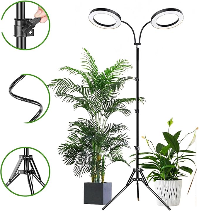 Height Adjustable Plant Grow Light 108 LEDs Full Spectrum Grow Lights Auto Timer 3 9 12Hrs 6 Brightness (US Plug 3 Heads 28W Use 3A Adapter)