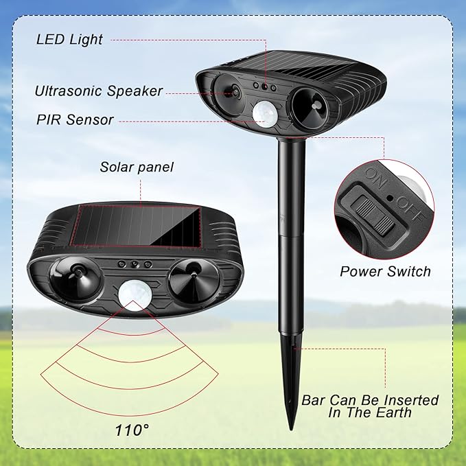 Ultrasonic Animal Repellent Outdoor Solar Powered Repeller Cat Dog Deer Deterrent Waterproof Motion Sensor Deterrent for Yard Garden Rabbit Squirrels Fox Pest(Black Green4 Pieces)