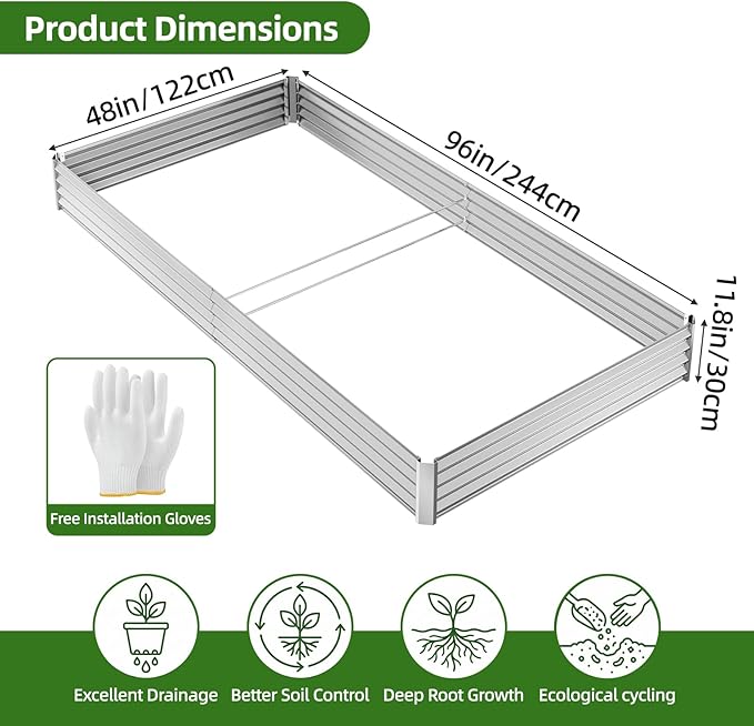 TOMNK Galvanized Raised Garden BedOutdoor Planter Box Metal Patio Kit Planting Bed for Vegetables Flowers HerbSilver8 * 4 * 1 FT