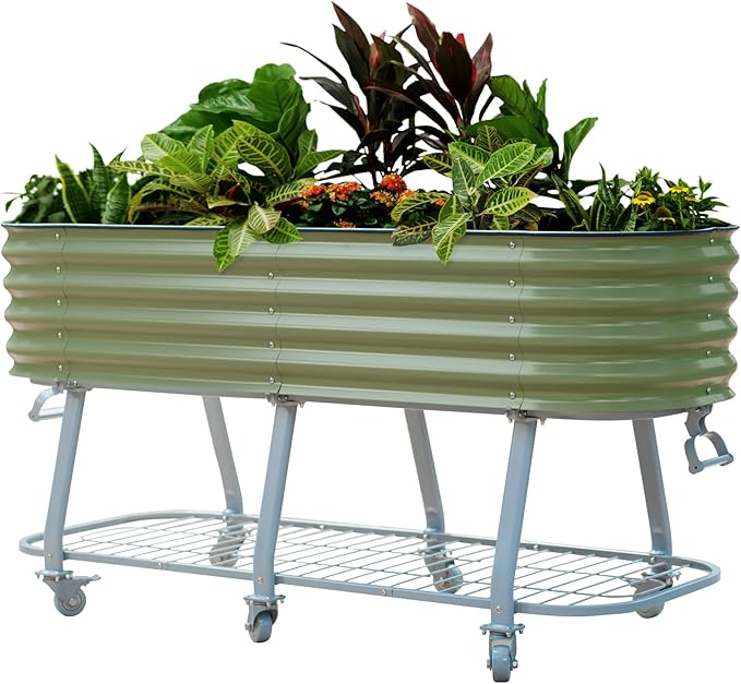 Vego garden 2 x 6 ft Raised Garden Bed with Legs and Wicking Cell System - Perfect for Gardening Vegetables Herbs and Flowers on The Patio - Outdoor &amp Indoor Elevated Planter Box - Olive Green