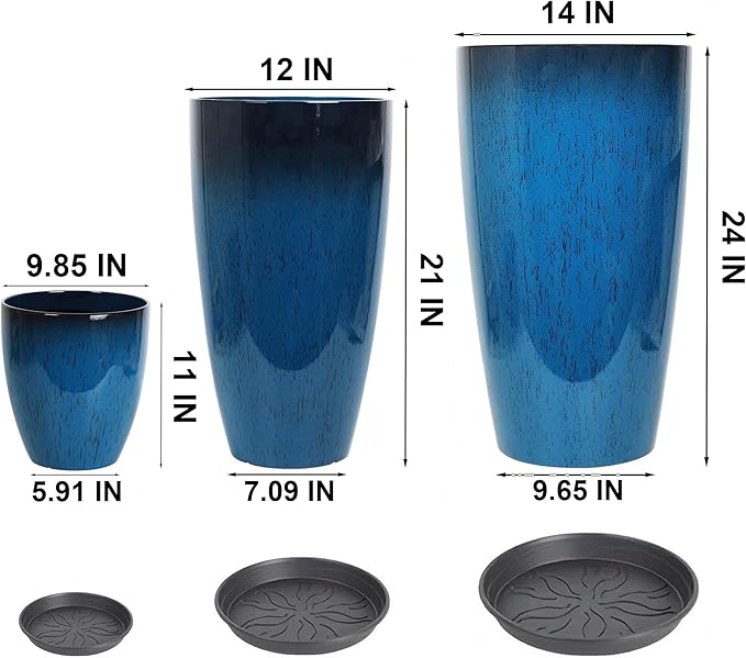 242111 Inch Large Plastic Planters with Drainage Hole and Saucer - Set of 3 Tall Plant Pots Indoor Flower Pot Tall Round Planters Outdoor Large Tall Planter