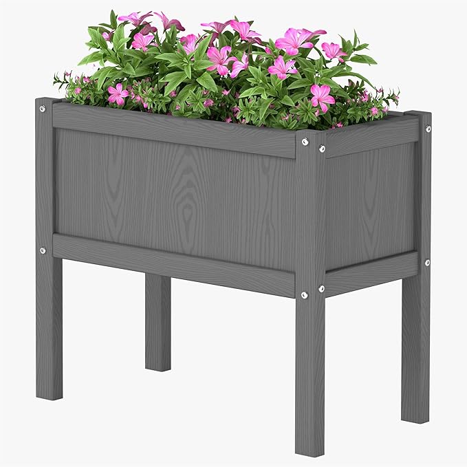 HDPE Raised Garden Bed with Legs All-Weather Outdoor Planter Box Easy to Assemble Drainage System Low Maintenance Non-Fading for Flower/Herb/Seed (Grey)