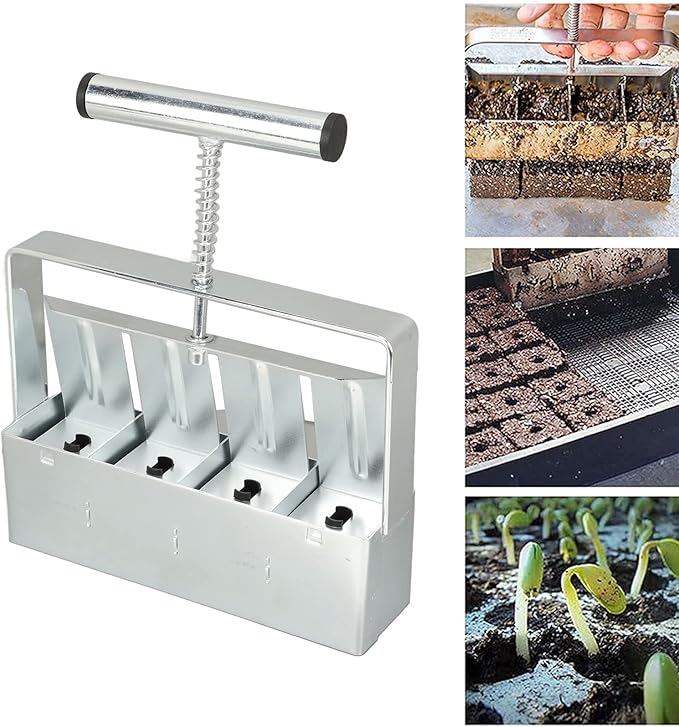 Manual Soil Block Maker Soil Blocking Tool with Comfortable Handle Galvanized Steel Quad Soil Blocker Garden Blocking Tools for Nursery Stock Cuttings Greenhouse Farm