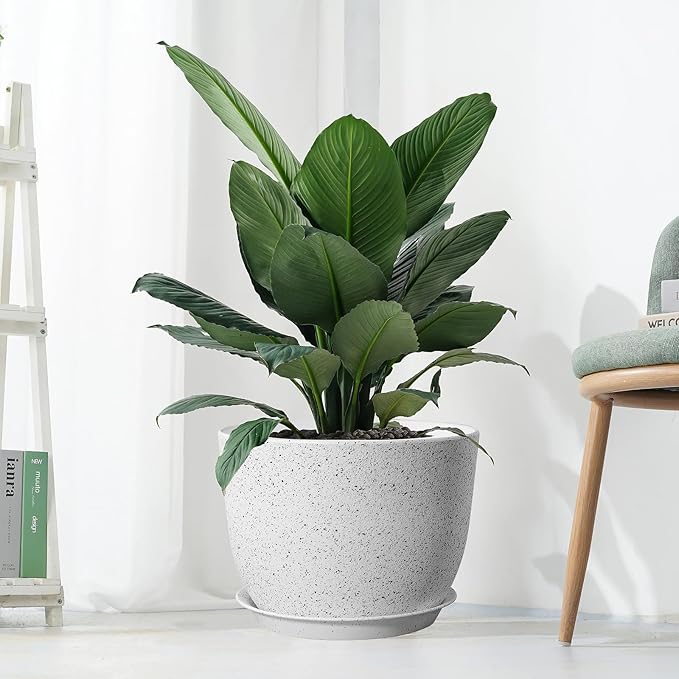 12/10/9 Large Modern Plant Pots Plastic Planters with Drainage Holes and Saucers for Indoor Outdoor Plants Flowers White Speckles