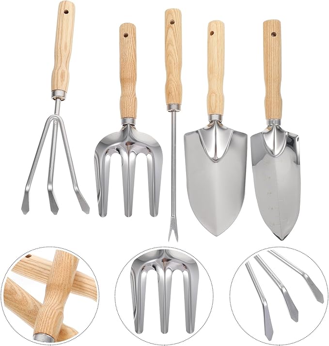 5pcs Garden Tool Set with Wooden Handle Shovel Rake and Fork for Soil Loosening and Weeding Stainless Steel Hand Tools for Outdoor Planting and Home Gardening