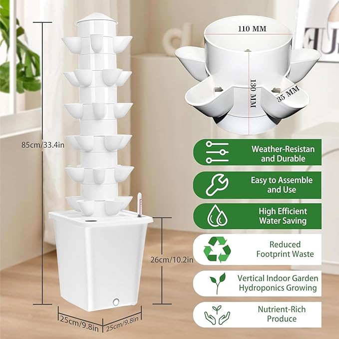 Aeroponic Tower Garden System with 10L Tank 6 Tier 30 Hole Hydroponic Tower System Vertical Farming Tower Kit for Home Kitchen and Office(White)
