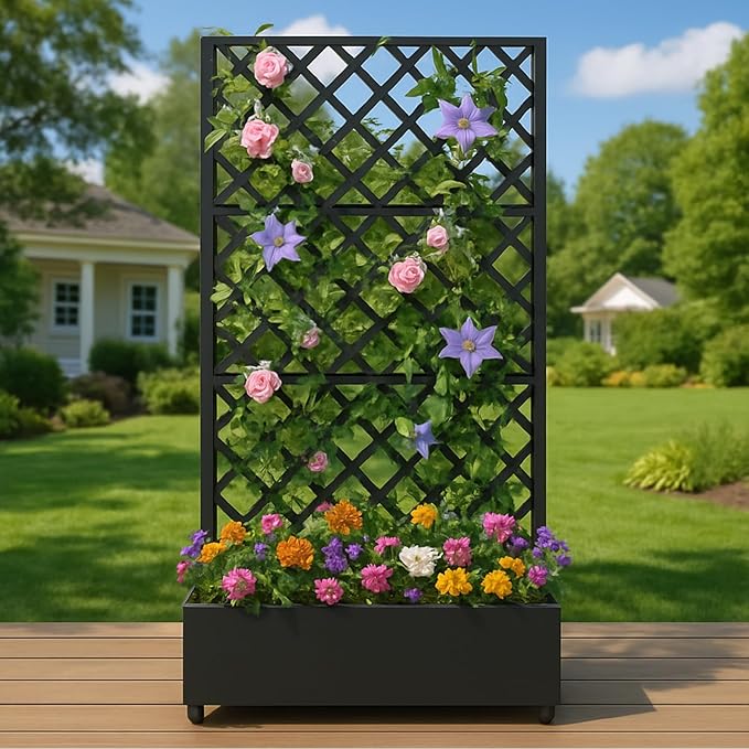 Metal Planter Box with Diamond Lattice Trellis 72x47 Galvanized Raised Garden Bed on Wheels for Climbing Plants Black