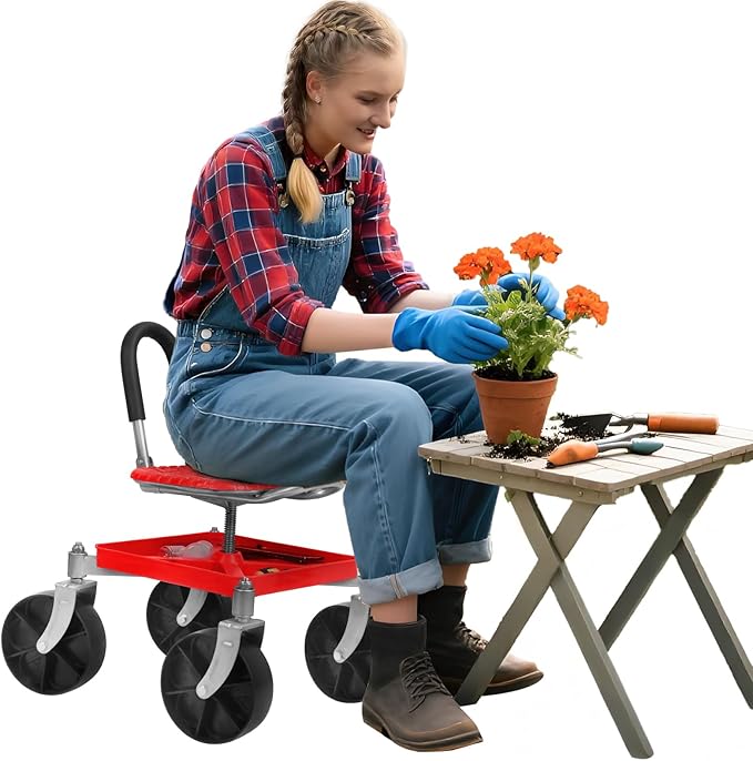 Gardening Rolling Seat Stools Chair for Seniors Height Adjustable Rolling Garden Cart with Seat 360 Degree Swivel Gardening Stool with Tool Tray Workseat for Gardeners Elderly Seniors (Red)
