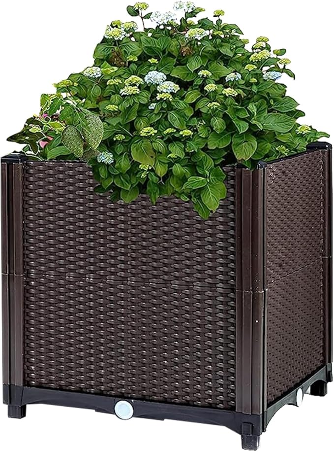 Raised Garden Bed 12x12x14 Rattan Pattern Garden Bed Plastic Planter Garden Boxes Outdoor with Self-Watering System for Flowers Vegetables Herbs for Garden Patio Balcony