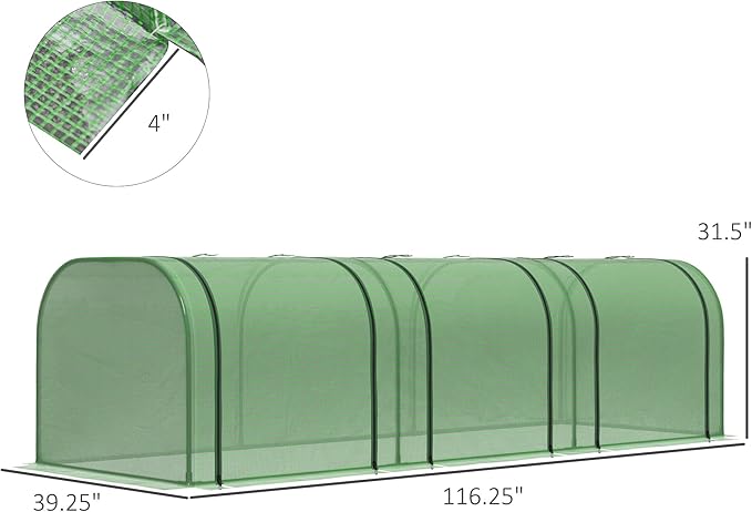 Outsunny 10' x 3' x 2.5' Mini Greenhouse Portable Tunnel Green House with Roll-Up Zippered Doors UV Waterproof Cover Steel Frame Green
