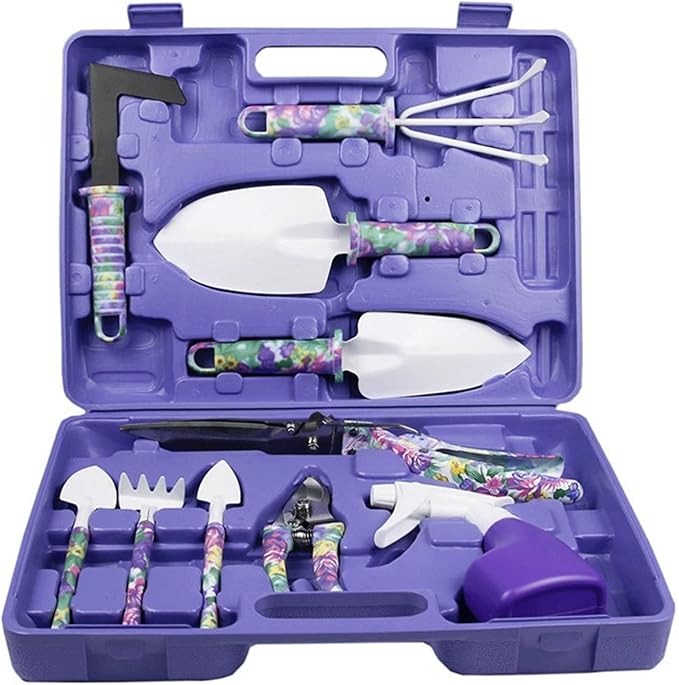 Garden Tools Set 10 Pieces Gardening Tools Garden Hand Tools with Purple Floral Print Ergonomic Handle &amp Carrying Case (Color : Blue)