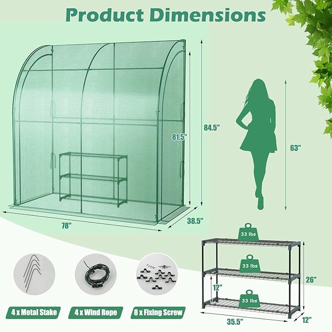 Happygrill Greenhouse Lean to Greenhouse with 3 Tiers Flower Rack Weatherproof PE Cover &amp Roll-up Zipper Doors Greenhouses for Outdoors Garden Backyard Balcony
