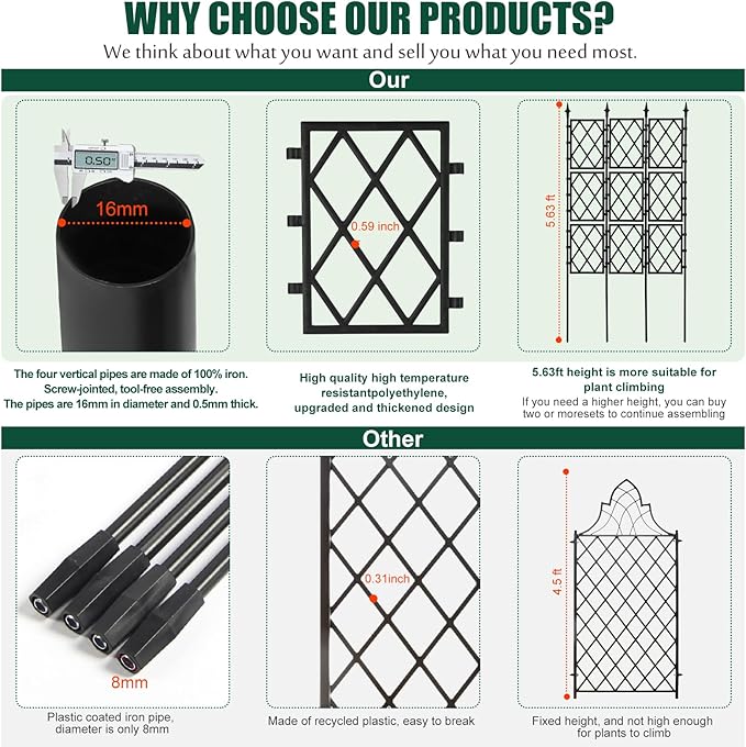 Garden Trellis for Climbing Plants Outdoor 5.25 FT Iron Pipe Metal Support Wall Tall Plant Trellis Lattice Fence Plant Support with Garden Twist Tie for Ivy Vines Rose