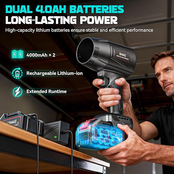 800000 RPM Cordless Leaf Blower with 2x4.0Ah Batteries Brushless Motor Adjustable Speed Lightweight Portable Electric Blower for Car Patio Garden &amp Indoor Cleaning 3 Nozzles Included