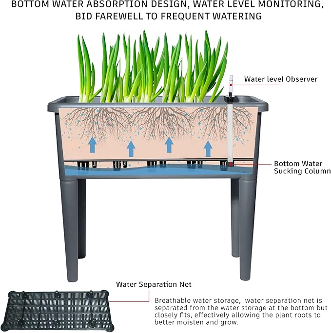 20.8 Gallon Vinyl Plant Box with Legs and Greenhouse Cover 30 x 25.6 x 15 Self Watering Raised Garden Bed with Drainage Plug  Grey