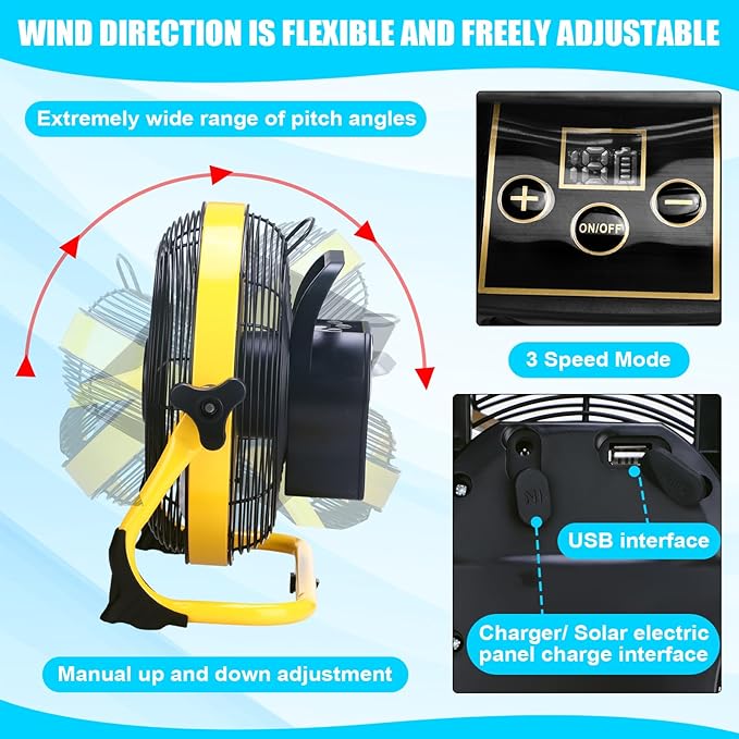 Sumind Solar Powered Fan 15000mah 20w Portable Ventilador Rechargeable Camping Fan Battery Powered with Panel and Light for Outside Home Travel Chicken Coop Shed Greenhouse(Yellow10 Inch)