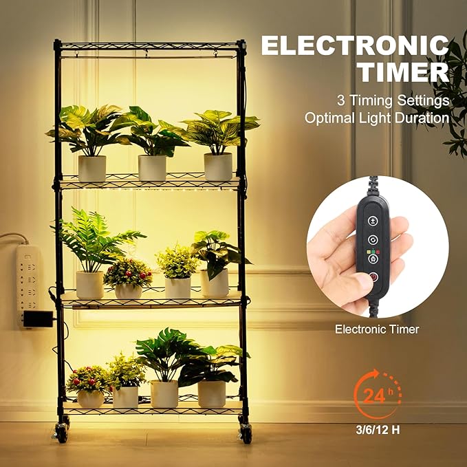 VEVOR Plant Stand with Grow Light 4-Tier Plant Shelfwith 45W Full Spectrum LED 3 Mode Plant Light with Timer and Wheel for Seed Starting Metal Plant Rack for Indoor Plants