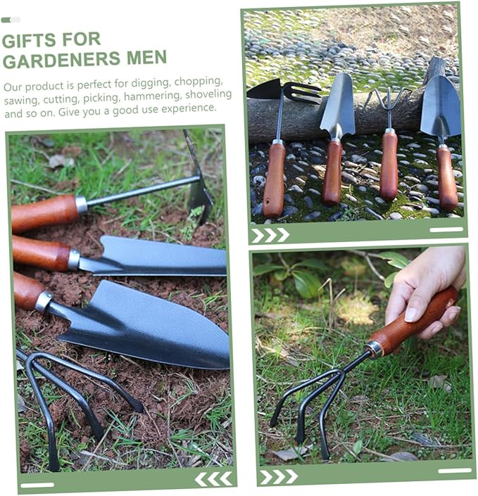 4pcs Mini Garden Tool Set with Extended Narrow Spade Triple-Claw Rake Dual-use Pointed Hoe Soil Scoop for Planting and Flower Gardening