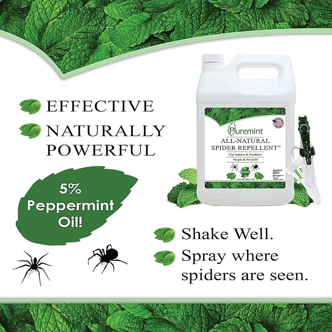 Puremint Spider Repellent Natural 5% Peppermint Oil Spray Kills &amp Deters All Types of Spiders and Insects Indoor and Outdoor Use 128 fl oz Gallon