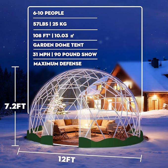 12FT Garden Dome Tent Geodesic Dome Greenhouse with PVC Clear Cover Waterproof Garden Bubble Dome Tent House with 2 x 10M Light Strings for Outdoor Patio Party Green Edge 12.5FT/3.81M