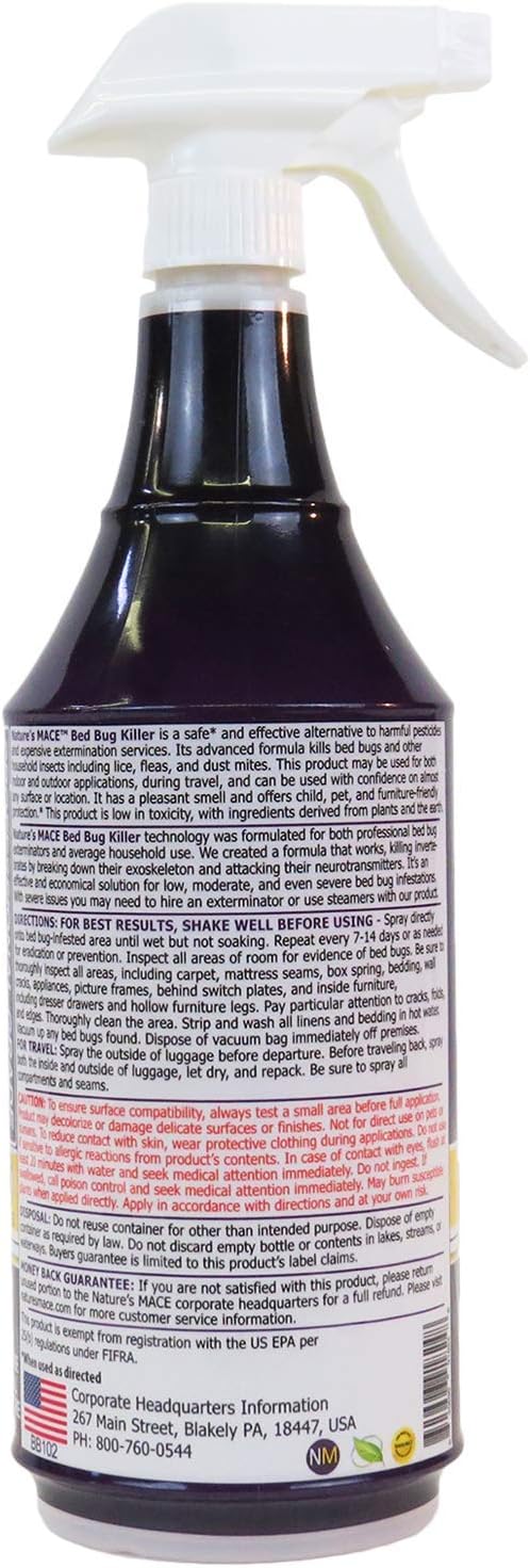 Nature’s MACE Bed Bug Killer 32 oz Kill BedBugs Treatment Mites Eggs Easy Do-It-Yourself Professional Bed Bug Spray At-Home Solution Mattress Non-Toxic Child &amp Pet Safe Stain &amp Odor