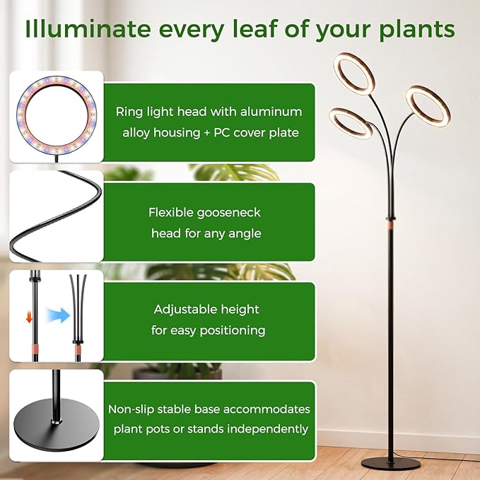 hree Heads 42W 196 Led Full Spectrum Plant Light 5.5FT Adjustable Height Standing Grow Light 3/9/12H Timer Grow Lights for Indoor Plants