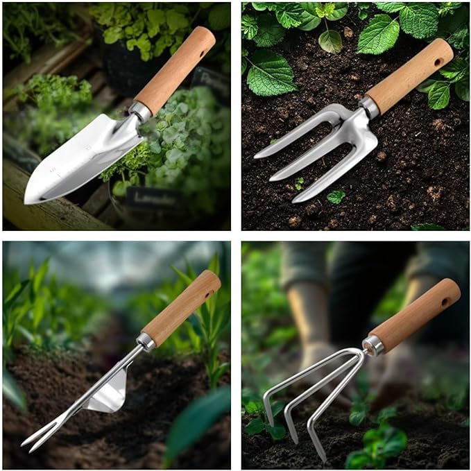 9 Pcs Garden Tools Set Premium Stainless Steel Wooden Handle Gardening Kit for Planting Digging Pruning with Durable BagBrown