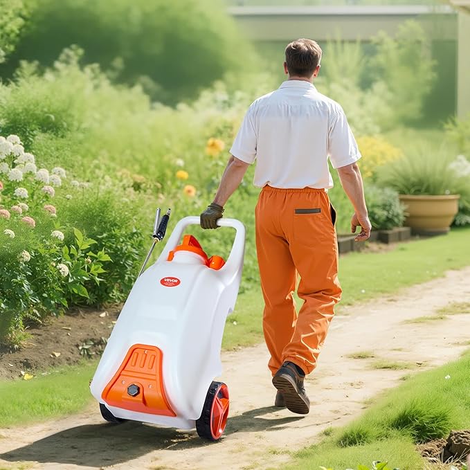 VEVOR 13.1 Gallon Battery Powered Sprayer with Wheels Adjustable 0-80 PSI 5 Nozzles and 98ft Hose Included Orange