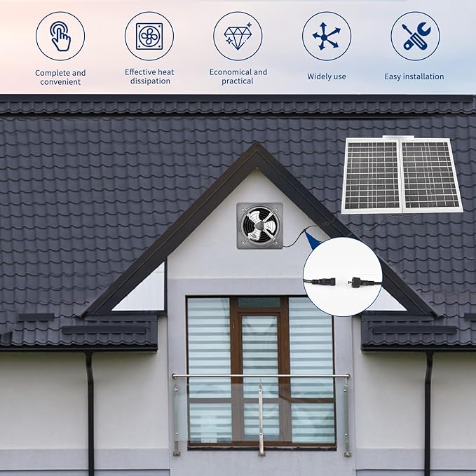 40W Solar Attic Fan Kit 40W Solar Panel + a 25W DC Fan Plug and Play for Attic Roof Vent Green House or Chicken Coop